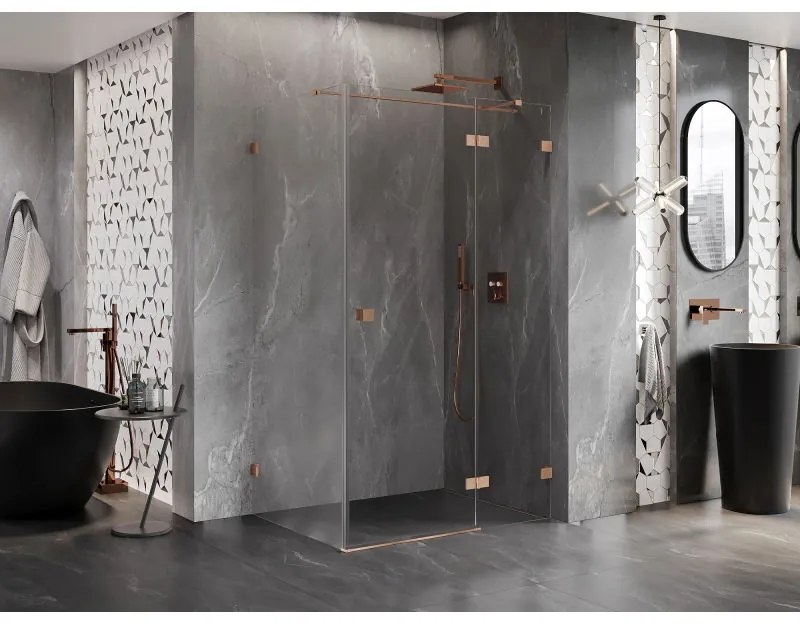 Mexen Lunar T, výklopný sprchový kút pravý 130 x 110 cm, 8mm číre sklo, profil medená matná, 834T-130-110-65-00-P