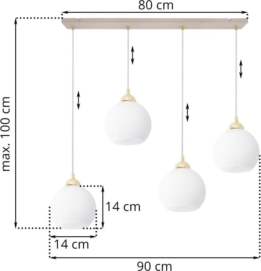 Závesné svietidlo Eliza, 4x biele sklenené tienidlo, g/be