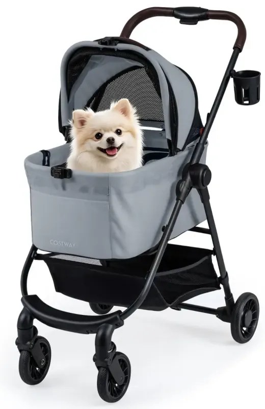 Kočík pre domáce zvieratá 3 v 1 s odnímateľnou nosičom a nastaviteľnou sieťovanou strieškou, kočík pre psov, sivý