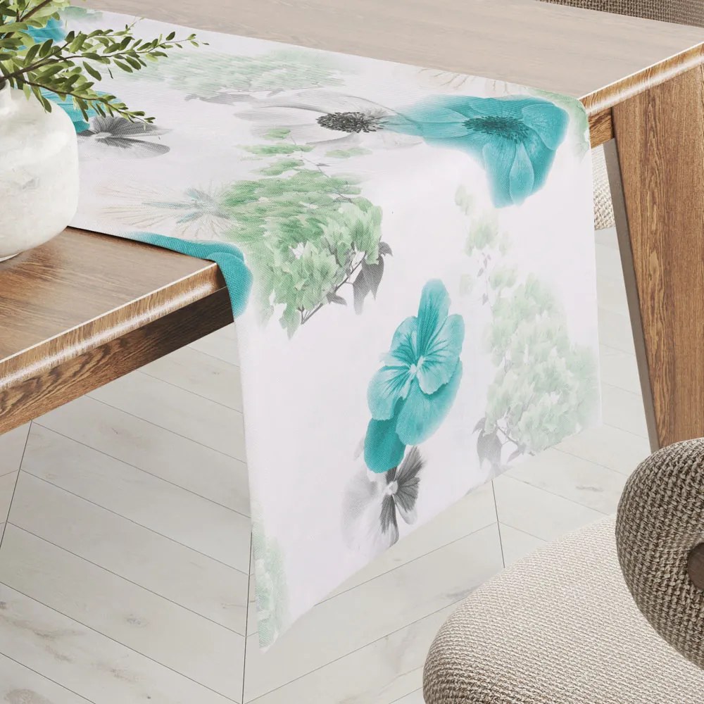 Biante Teflónový behúň na stôl TF-044 Tyrkysové ruže na bielom 20x120 cm