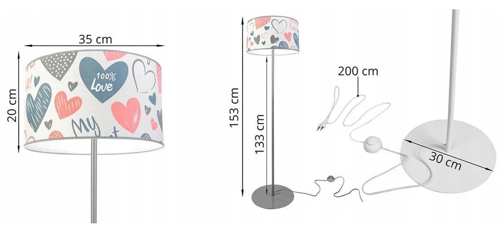 Detská Stojacia lampa Heart, 1x biele textilné tienidlo so vzororm, (výber z 2 farieb konštrukcie), o, p