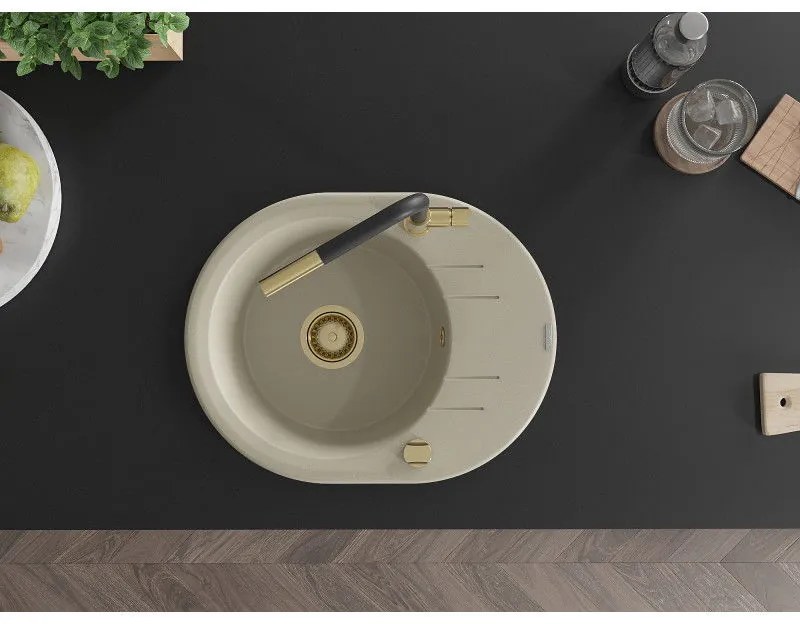 Mexen Kevin, 1-komorový granitový drez 586x458x190 mm a drezová batéria Flora, béžová, 6517-69-670401-57-G