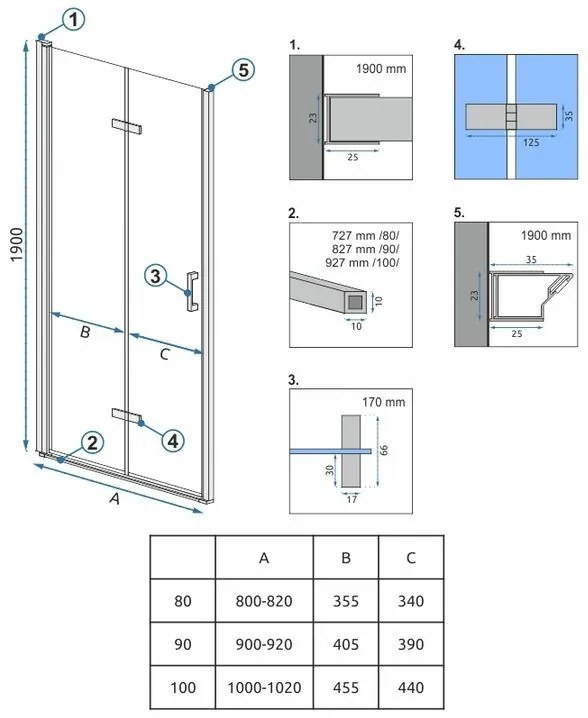 Rea Molier, skladacie sprchové dvere 80x190cm, 6mm číre sklo, chrómový profil + bočný magnetický profil, KPL-K6367