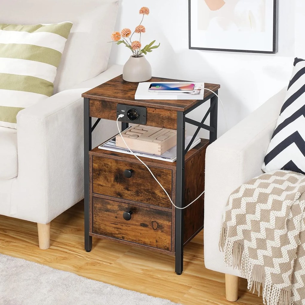 Noční stolek Vasagle Zrava s nabíjecí stanicí 60 cm hnědý/černý