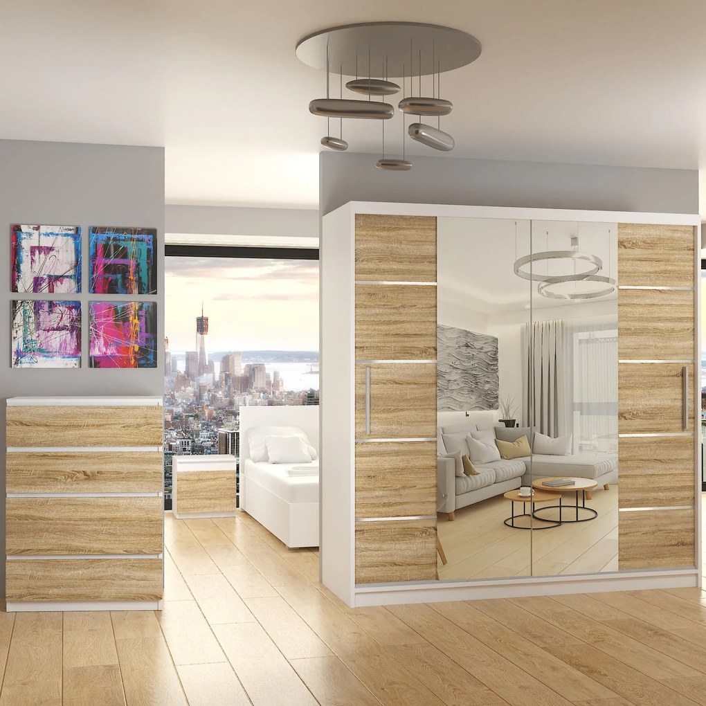 Šatníková skriňa 200 cm Belini biely mat / dub sonoma s posuvnými dverami zrkadlom a zásuvkami  ME SZP5/1/W/DS/0/KLAL