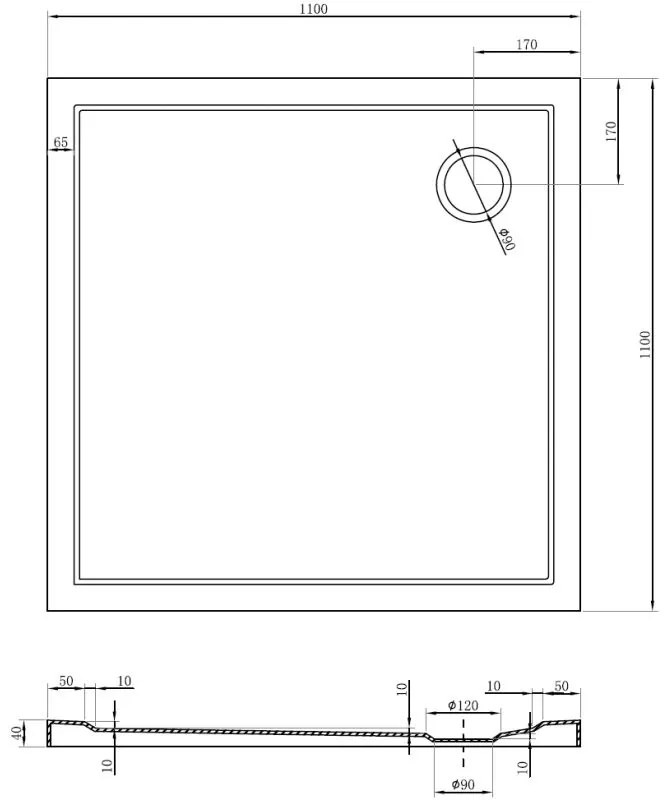 Mexen Flow, štvorcová sprchová vanička slim 110 x 110 cm, čierna matná, 46S701111