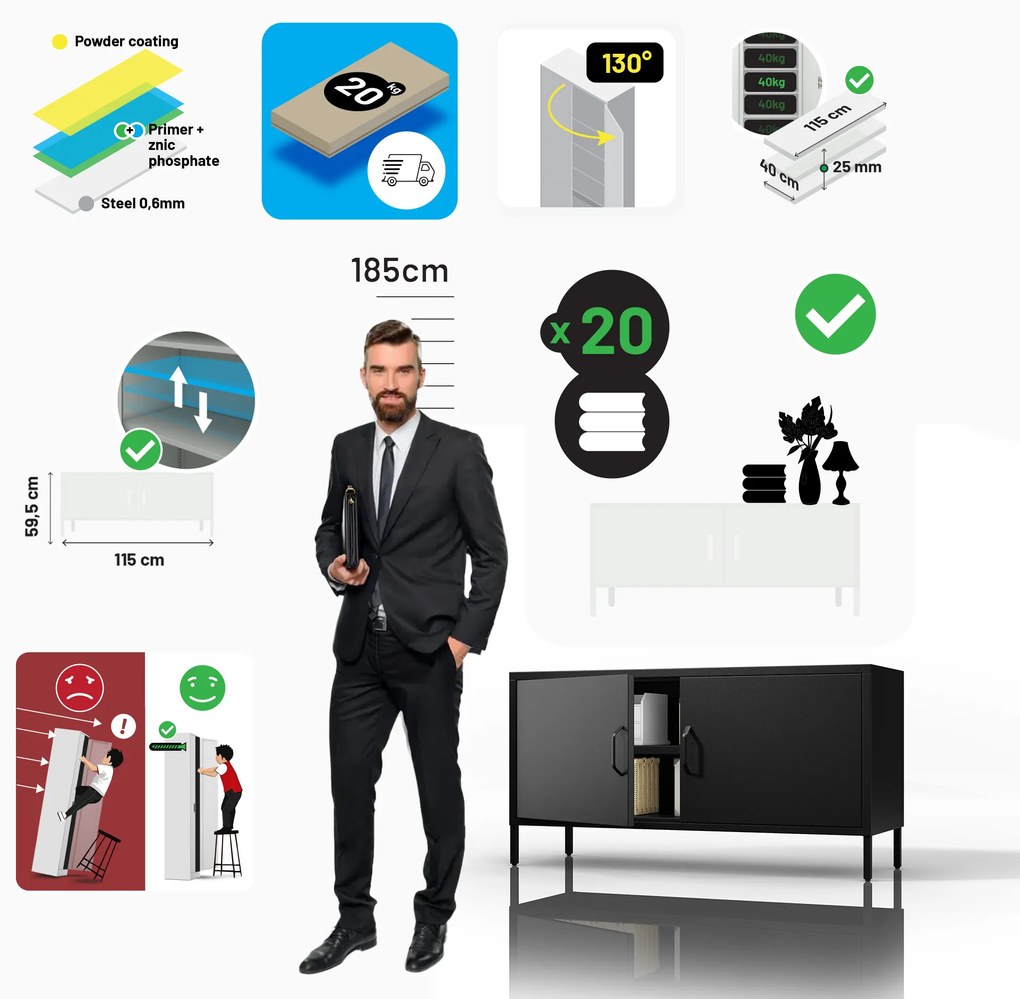 ROSA Moderná čierna kovová TV skrinka