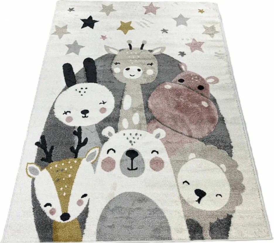 TA Farebný detský koberec C5637A_74F_37 WHITE / L.PINK ANIMAL so zvieratkami a hviezdičkami Rozmer: 140x200 cm