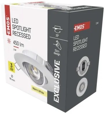 EMOS Bodové LED zápustné svietidlo EXCLUSIVE, 5W, teplá biela, 9cm, okrúhle, biele