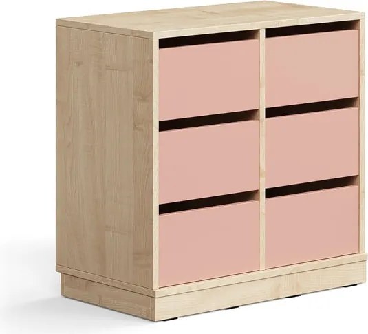 Úložná skrinka CASPER, 6 zásuviek, so soklom, breza/tmavoružová