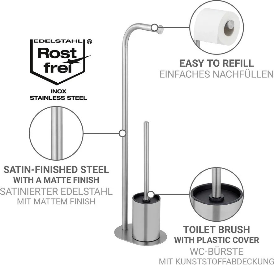 Stojan na toaletný papier so štetkou z nehrdzavejúcej ocele v matne striebornej farbe Levante – Wenko