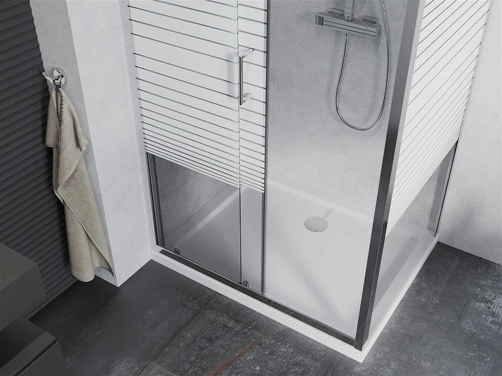 Mexen APIA, sprchový kút s posuvnými dverami 130 (dvere) x 70 (stena) cm, 5mm číre-pásy sklo, chrómový profil + slim sprchová vanička 5cm, 840-130-070-01-20-4010