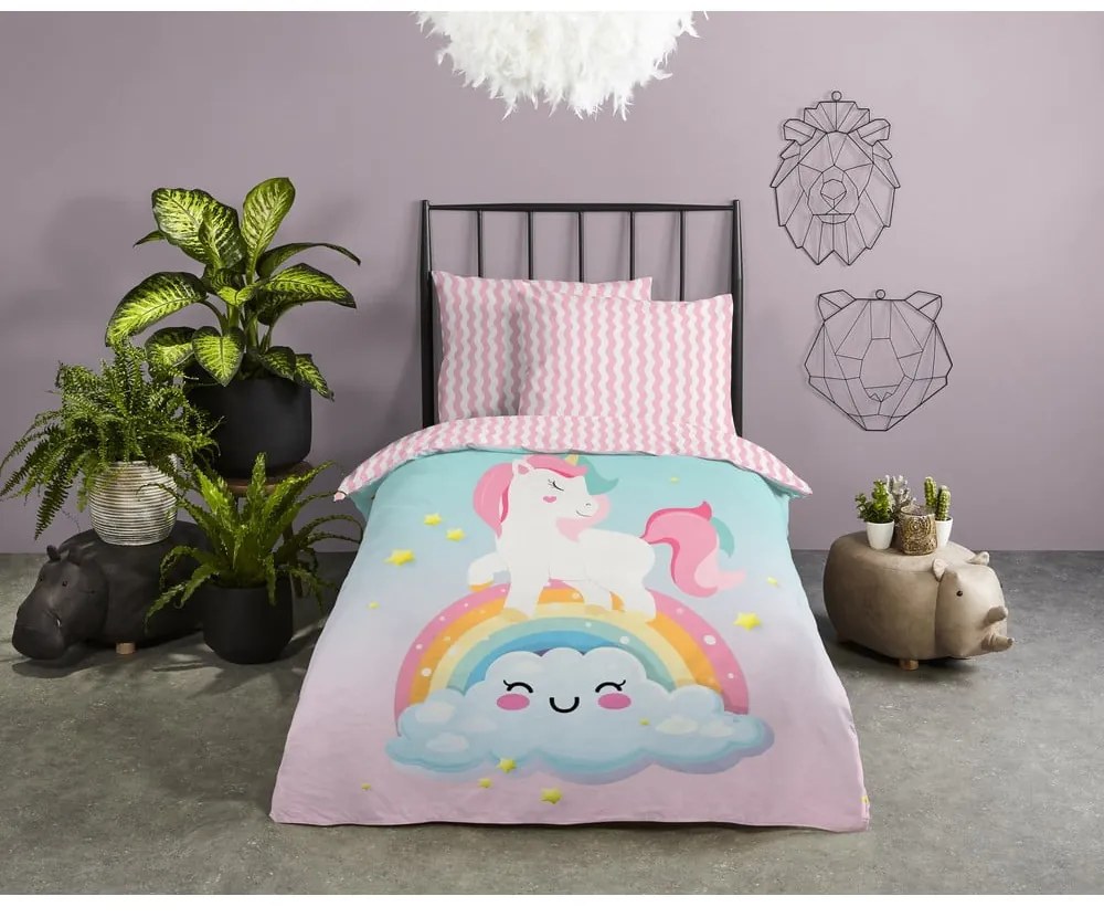 Ružové/tyrkysové bavlnené detské obliečky na jednolôžko 140x200 cm Sweety – Good Morning