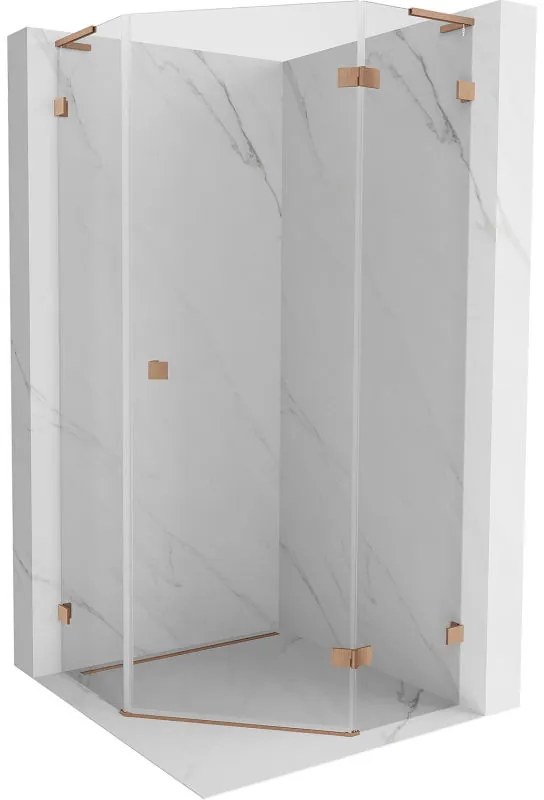 Mexen Lunar, L päťuholníkový sprchový kút s pravým sklonom 80 x 80 cm, 8mm číre sklo, profil medená matná, 831L-080P-080L-65-00-P
