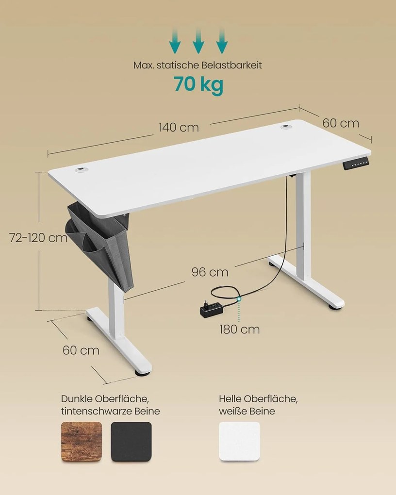 Výškovo nastaviteľný elektrický stôl, 60 x 140 x 72–120 cm, biely