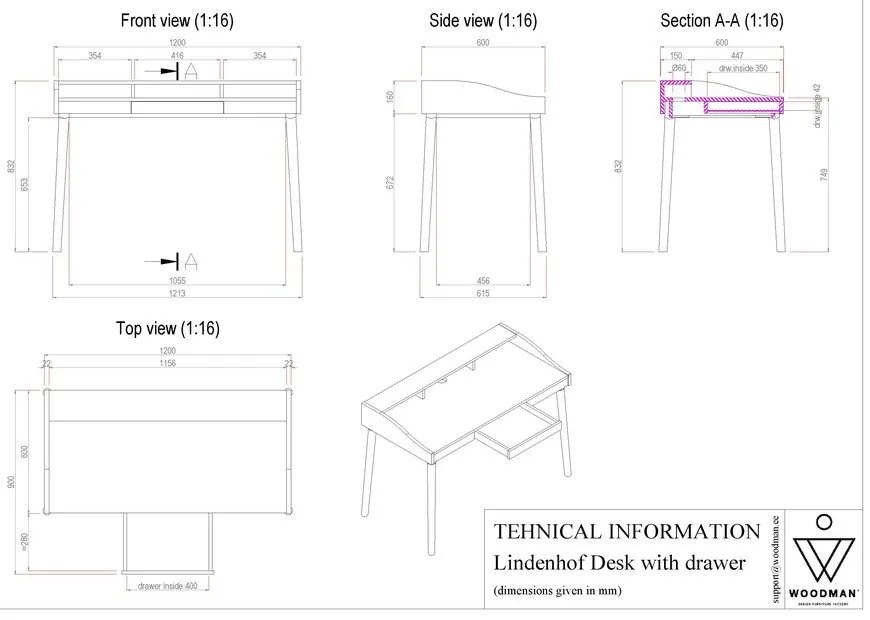 Pracovný stôl so sekretárom 60x120 cm Lindenhof – Woodman