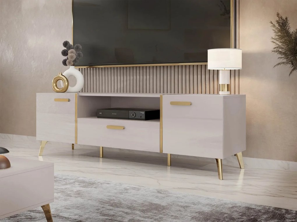 Moderná TV skrinka Rostiw 150 2D1SZ, Farby: biela / biely lesk + zlatá