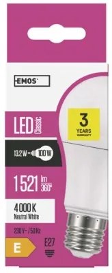 EMOS LED žiarovka, E27, A60, 14W, 1521lm, 4100K, neutrálna biela / denné svetlo