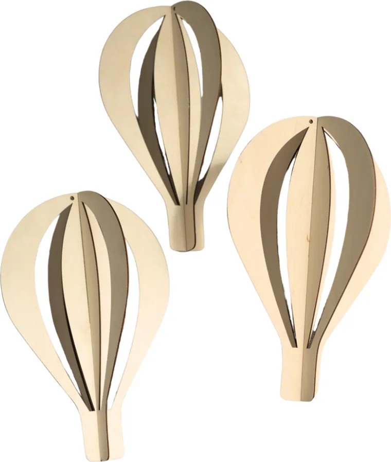 Súprava 3D teplovzdušných balónov – drevená stropná dekorácia pre deti (3 ks)