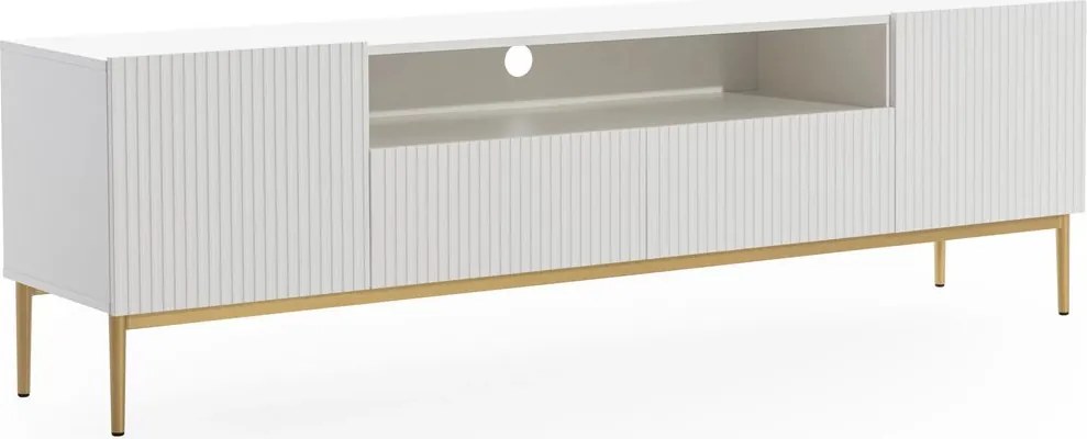 TV skrinka so zásuvkami Nicole 200 cm - biely mat / zlaté nožičky