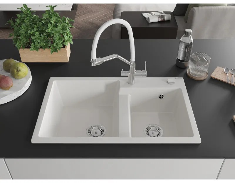Mexen Tomas, 2-komorový granitový drez 800x500x190 mm a kuchynská batéria Duo, biela, 6516-20-671701-02