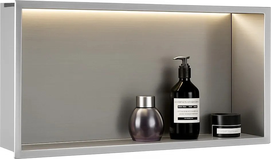 Rea Vstavaná kúpeľňová polica s LED osvetlením 60x30 cm, kartáčovaná oceľ