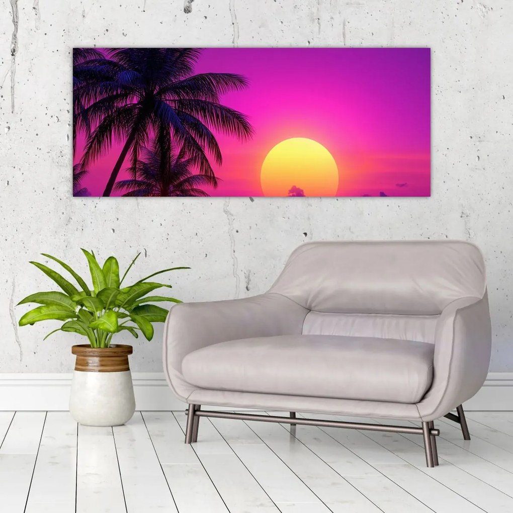 Obraz - Fialový západ s palmou (120x50 cm)