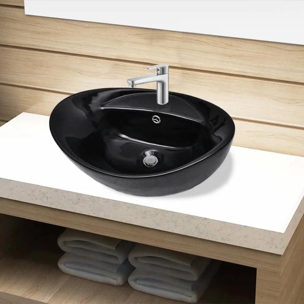 vidaXL Čierne oválne keramické umývadlo do kúpeľne s otvorom na batériu