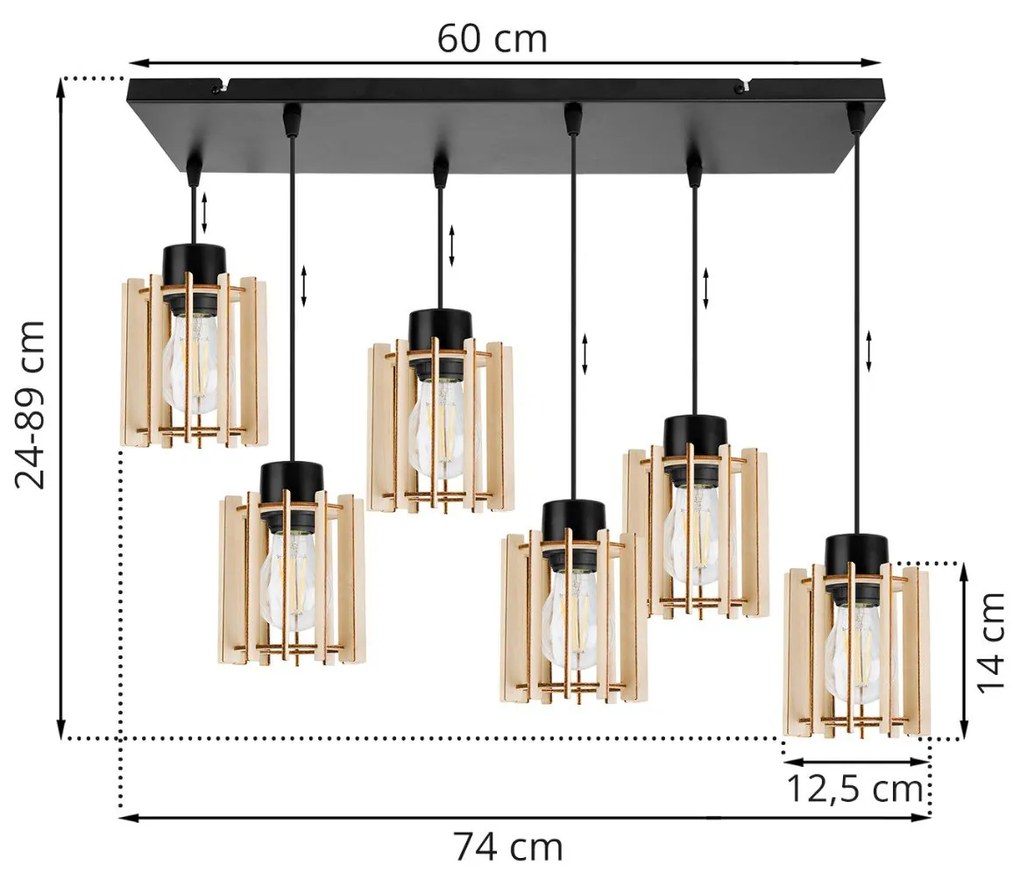 Závesné svietidlo Timber 7, 6x drevené tienidlo
