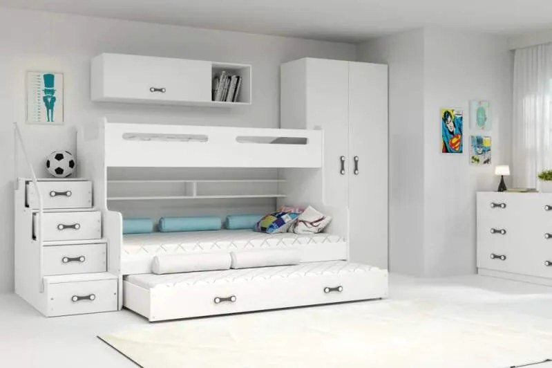 Poschodová posteľ s prístelkou MAX 3 rozšírená 200x120 biela - biela