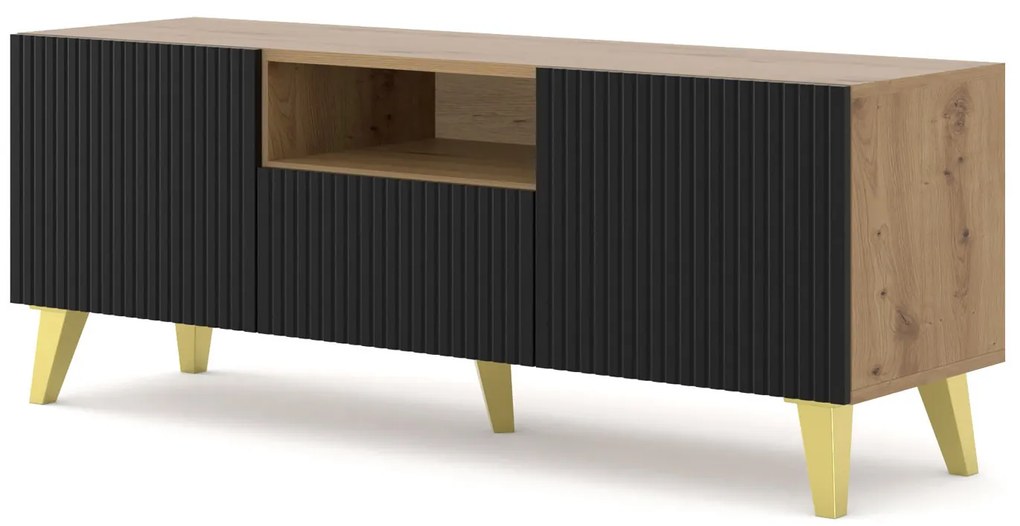TV skrinka/stolík PB 150 2D1S Rowanna (dub artisan + čierna + zlatá). Akcia -20%. Vlastná spoľahlivá doprava až k Vám domov. 1125096