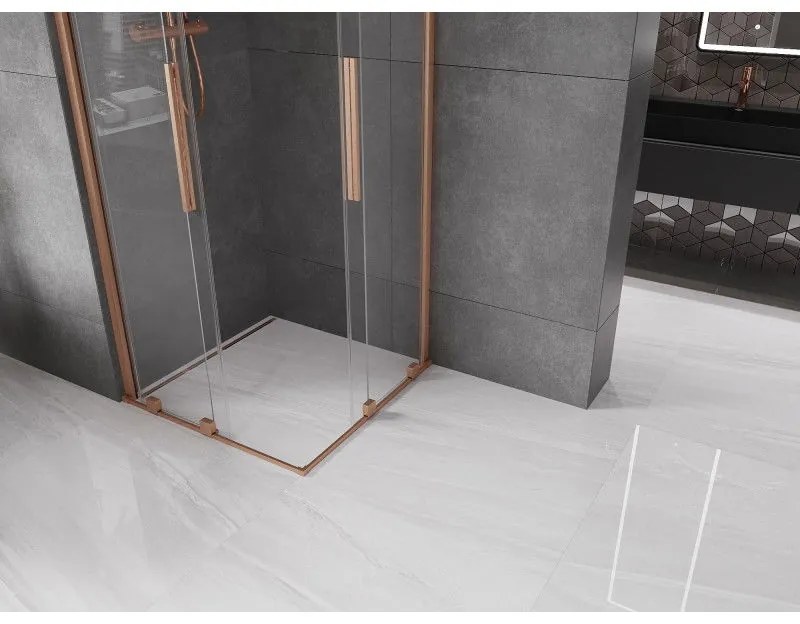 Mexen Velar Duo, sprchový kút s posuvnými dverami 90(dvere) x 90(dvere) cm, 8mm číre sklo, medená matná profil, 871-090-090-02-65