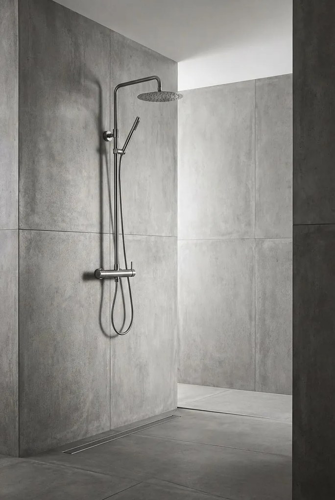 Sapho Minimal, sprchový stĺp s pákovou s batériou, okrúhla hlavica, oceľová, MI139