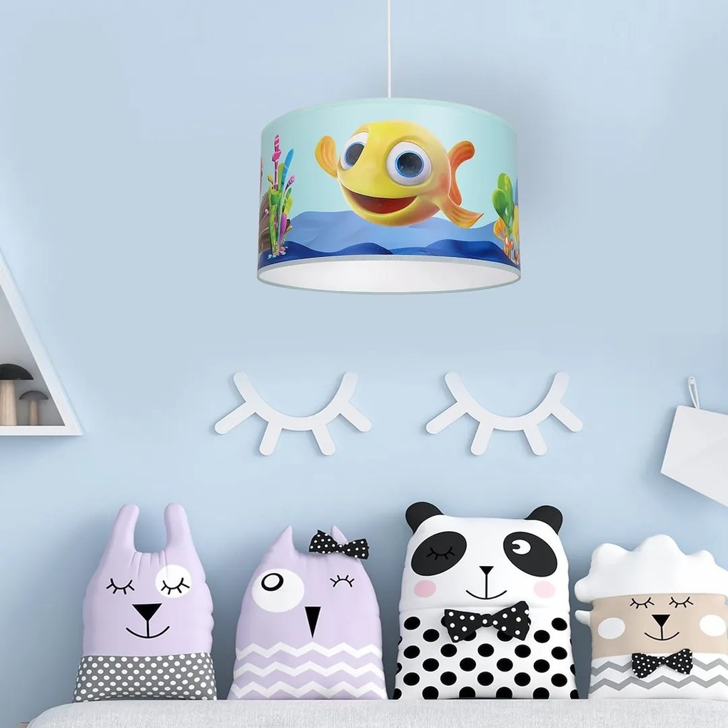 Detské závesné svietidlo Fish, 1x plastové tienidlo so vzorom, bl