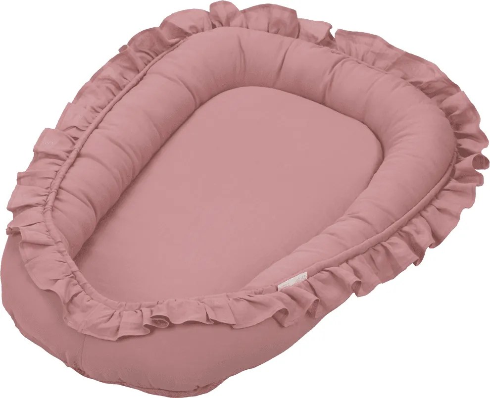 Ľanové hniezdo pre bábätko s volánom sýto ružová