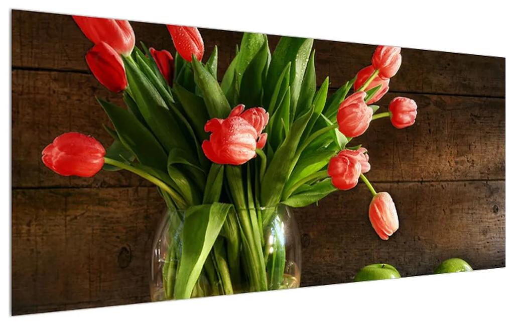 Obraz červených tulipánov vo váze (120x50 cm)