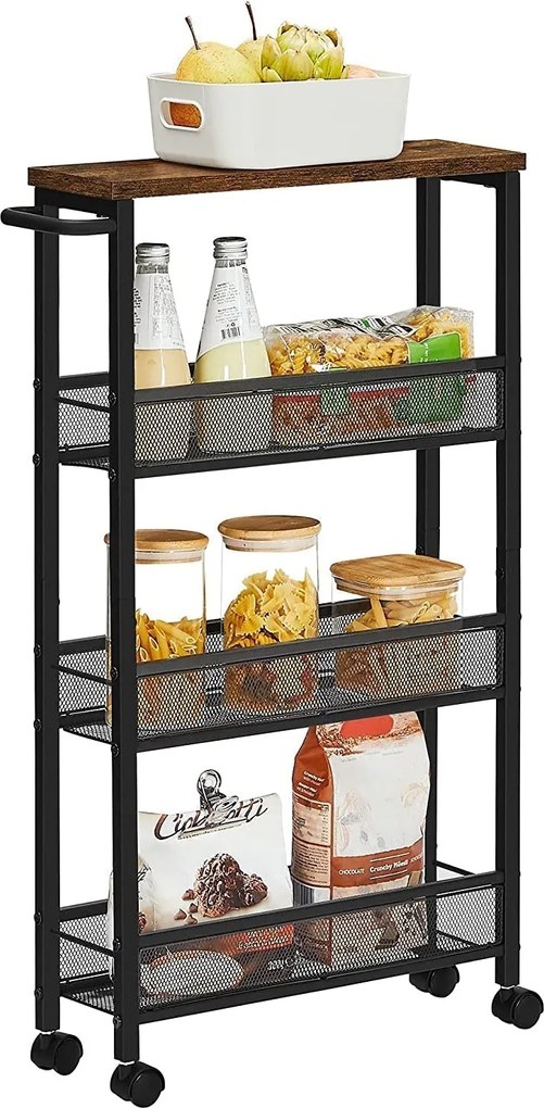 Servírovací vozík, úzka polička na kolieskach, kovový rám, rustikálny hnedý