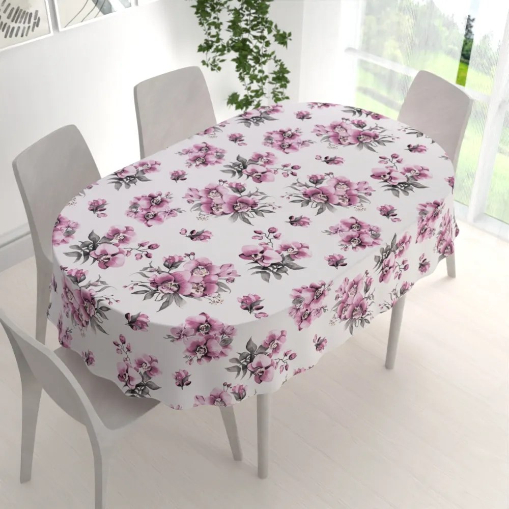 Biante Bavlnený oválny obrus Sandra SA-623 Lila orchidey na bielom 120x180 cm