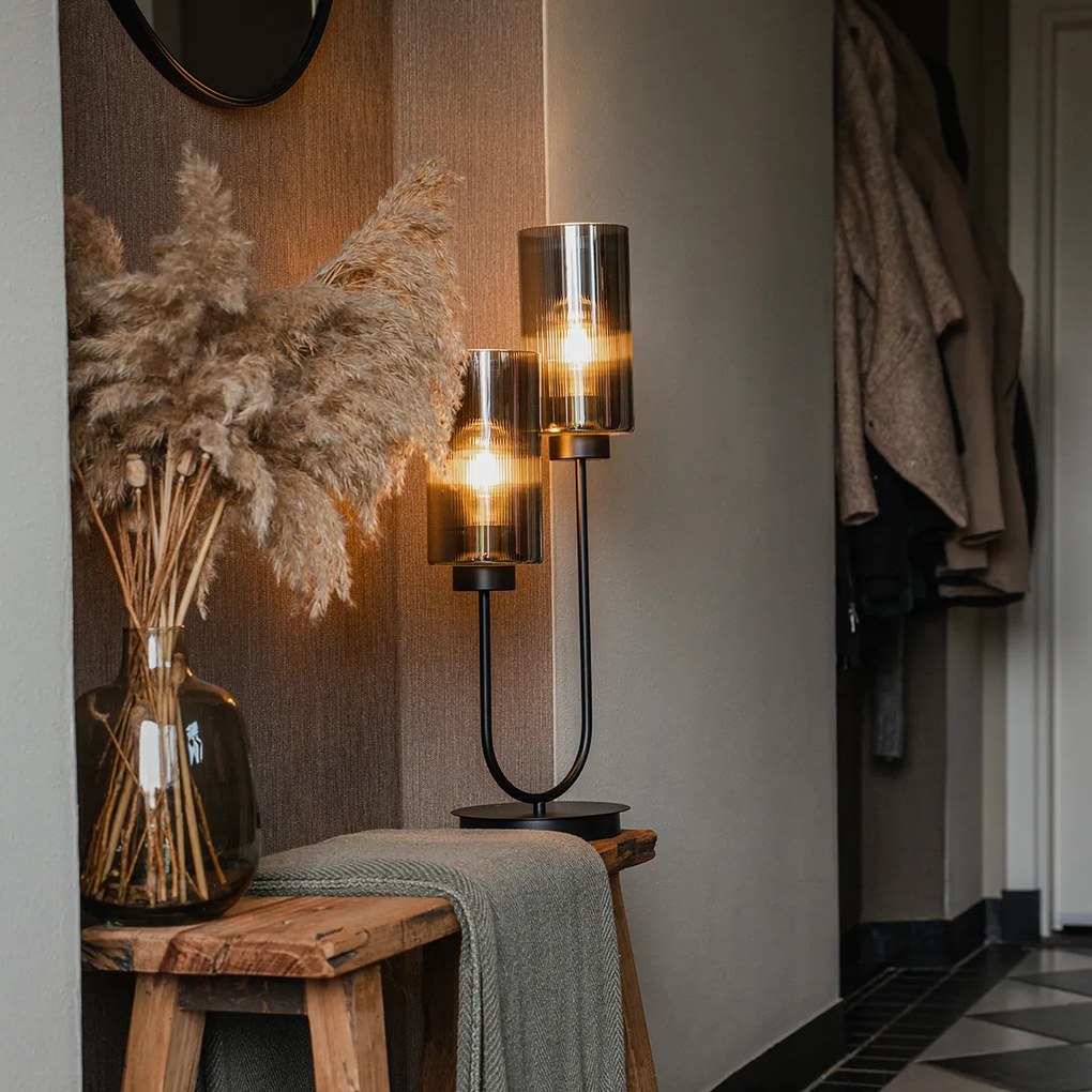 Art Deco stolná lampa čierna s dymovým sklom 2-svetlo - Laura