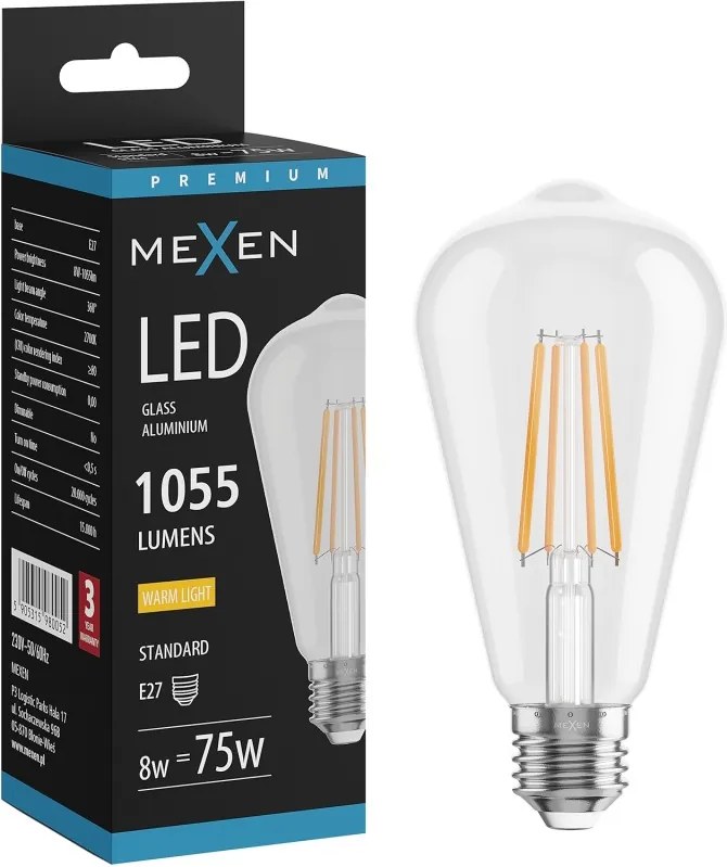 Mexen Vintis, LED filamentová žiarovka E27, ST64, 8 W, teplá biela 2700K, číra, L152-E27-0827-00