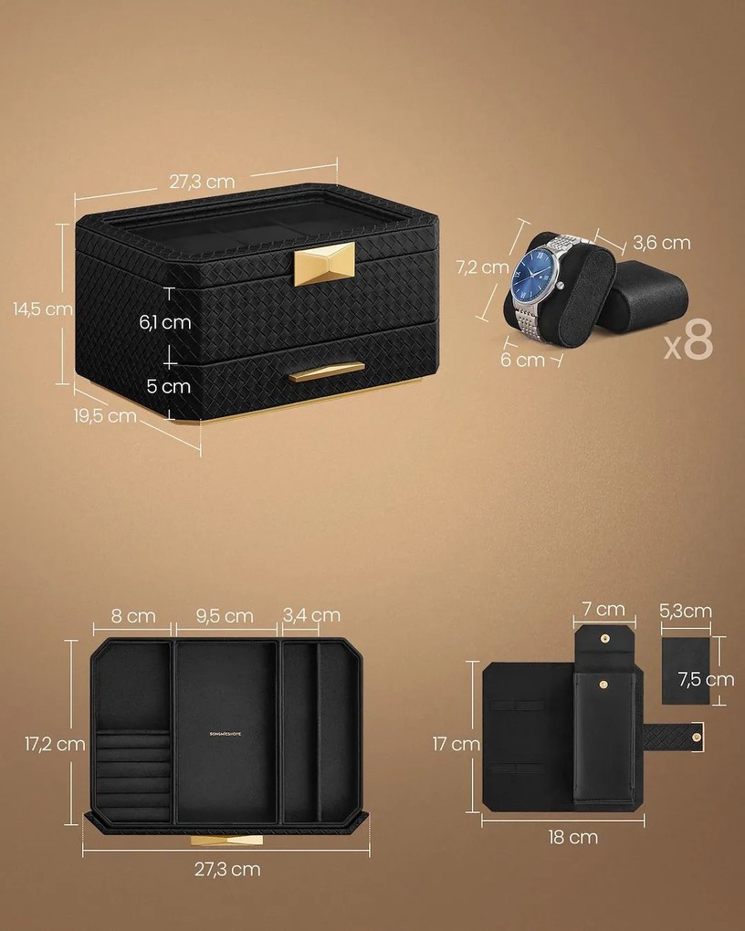 Songmics Box na hodinky Watch, 27,3x14,5x19,5 cm, čierna/zlatá