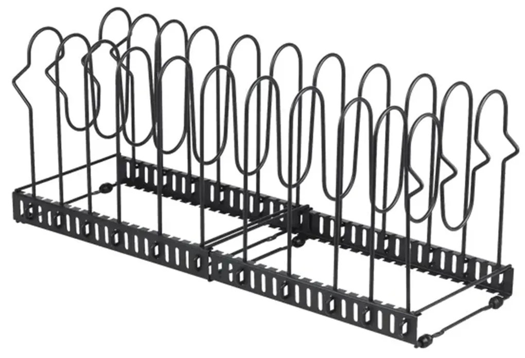 Organizér na pokrievky a panvice, čierny, 11 flexibilných priehradiek, nastaviteľná šírka 28 - 57 cm MERLIN