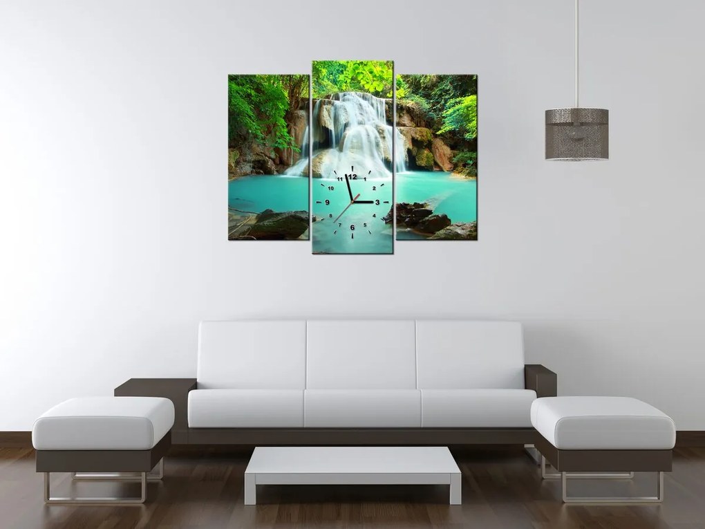 Gario Obraz s hodinami Vodopád v Thajsku - 3 dielny Rozmery: 100 x 70 cm