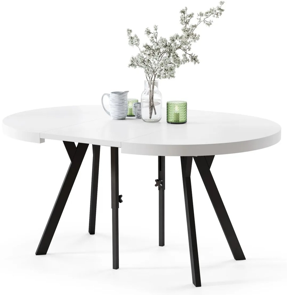 EXPANSO Biely mat / čierne nohy - VEĽKÝ OKRÚHLY STÔL Ø110 ROZKLADACÍ AŽ DO 310 cm S NOHAMI Y LOFTOVÝ / INDUSTRIÁLNY
