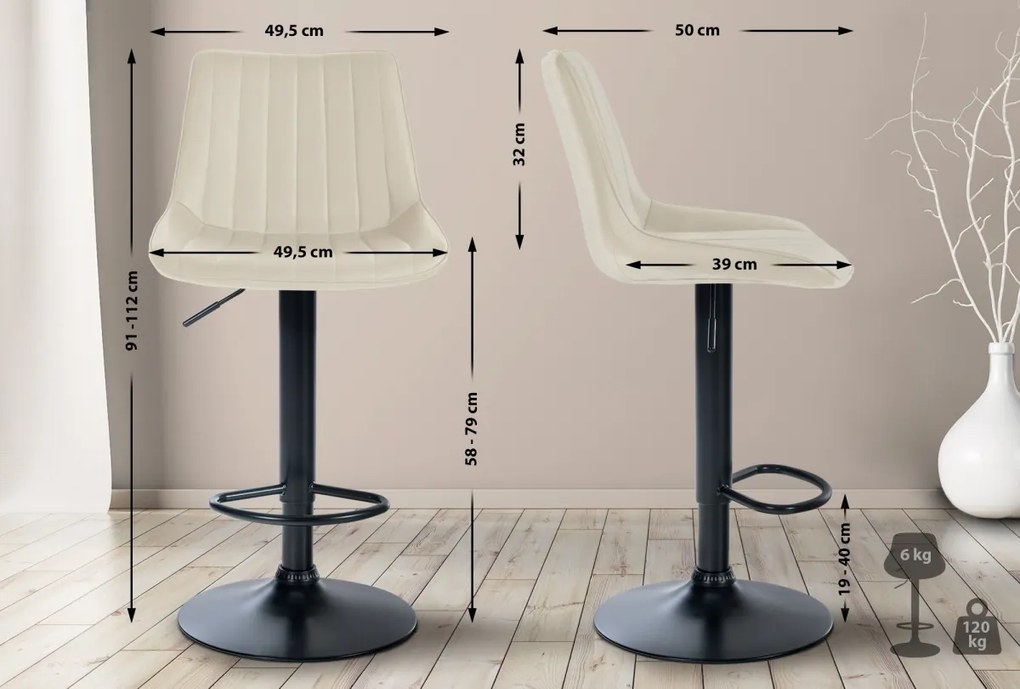 2x Barová stolička Toni - koženka, čierny rám - Krémová