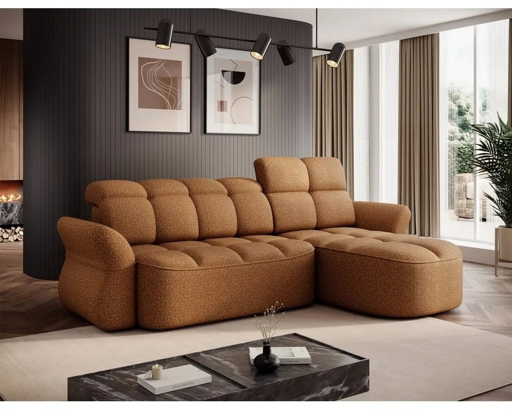 Žltá/hnedá zamatová rozkladacia/s úložným priestorom rohová pohovka (pravý roh/s leňoškou) Beneth – ELTAP