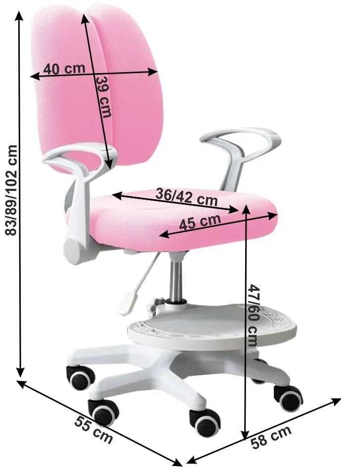 Detská stolička s podnožkou a trakmi Anais - ružová / biela