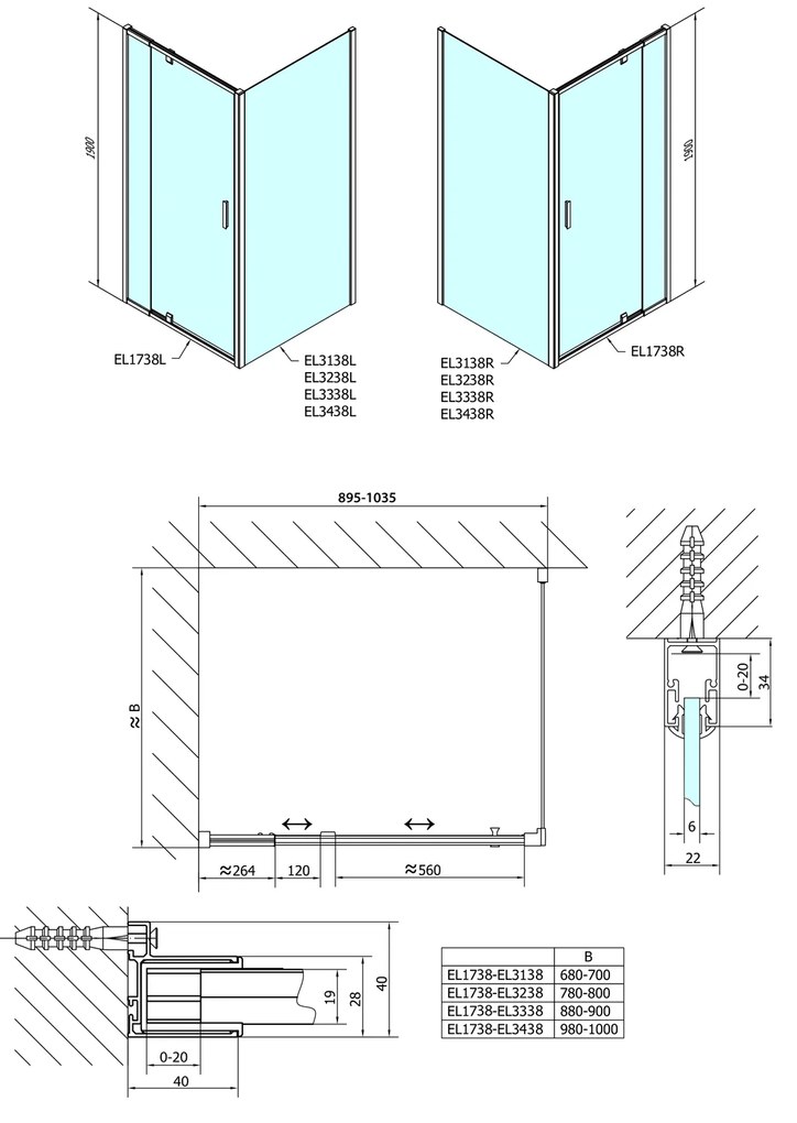 Polysan, Easy Line obdĺžniková/štvorcová sprchová zástena pivot dvere 900-1000x1000mm L/P,brick sklo, EL1738EL3438