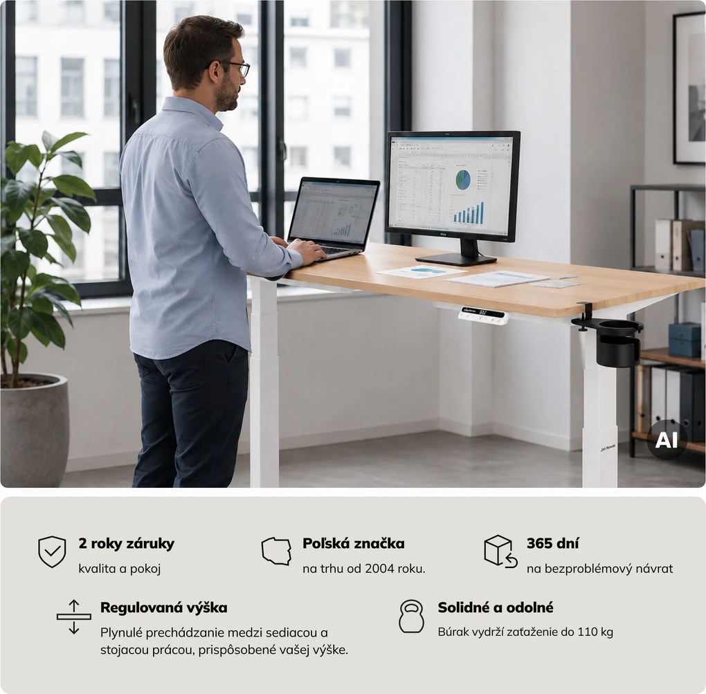 Elektrický stôl s nastaviteľnou výškou ergonomický biely/dub sonoma,1600x800 mm: ARIA