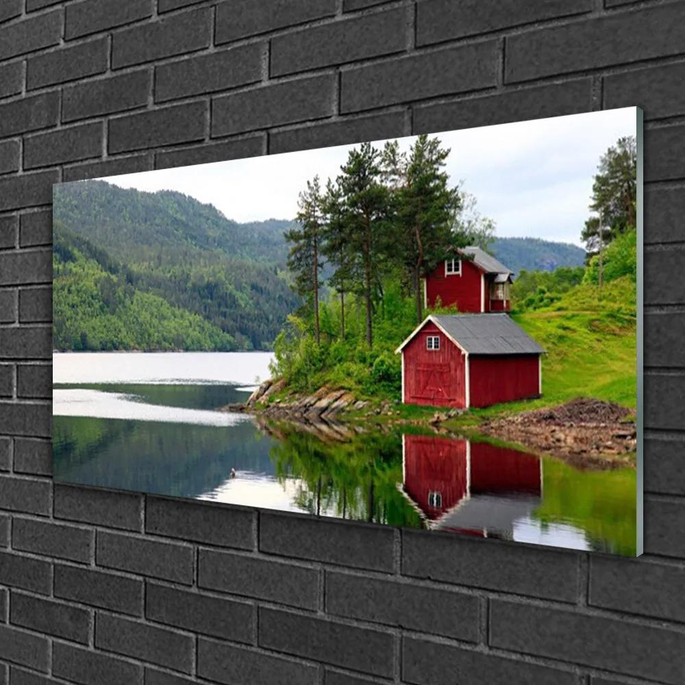 Obraz na skle Hory dom jazero príroda 100x50 cm